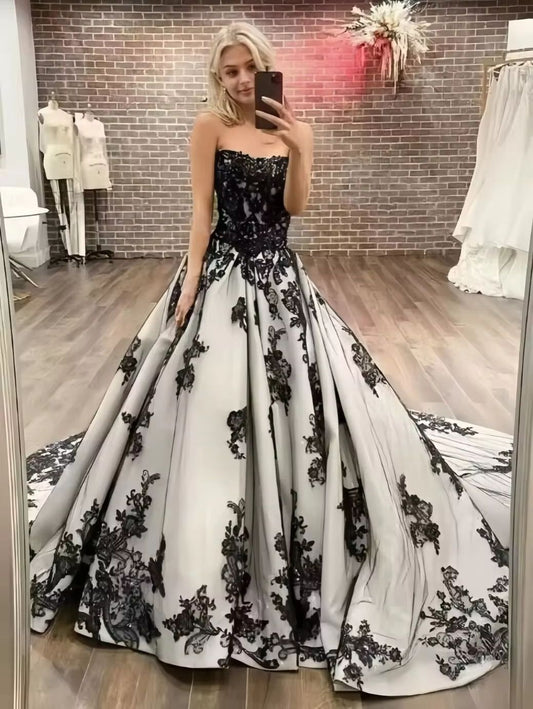 Robe de mariée bustier en dentelle noire et blanche style cour, avec traîne - Robe de cérémonie haut de gamme NV6334