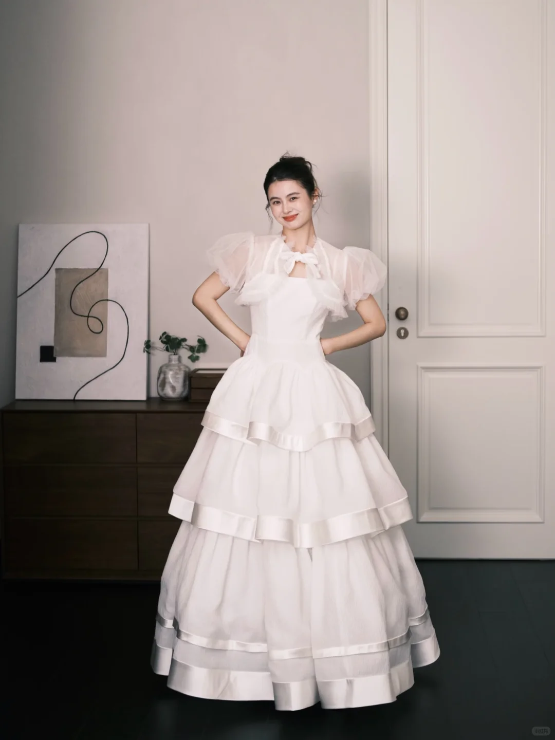 Square Neck Tiered Tulle Wedding Dress with Detachable Puff Sleeves  NV7379