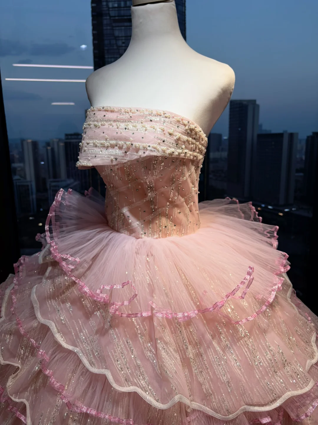 Strapless Pink Prom Dress Hand Beaded Sequin Tiered Glitter Tulle Cake Ball Gown  NV7055