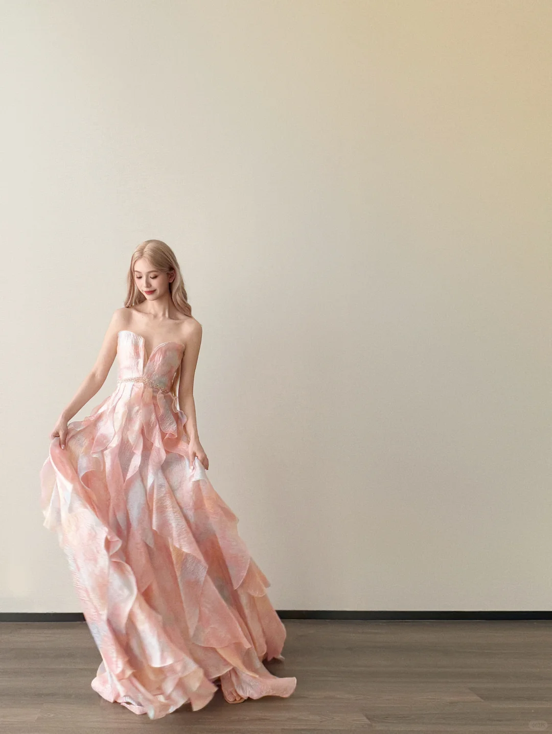 Strapless Watercolor Pink Prom Gown Beaded Waist Tiered Ruffle Shimmer Organza Evening Dress  NV7151