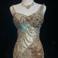 Spaghetti Strap Champagne Gold Short Prom Dress Heavy Rhinestone Beading Mermaid Bodycon with Long Chiffon Cape Formal Gown  NV6903