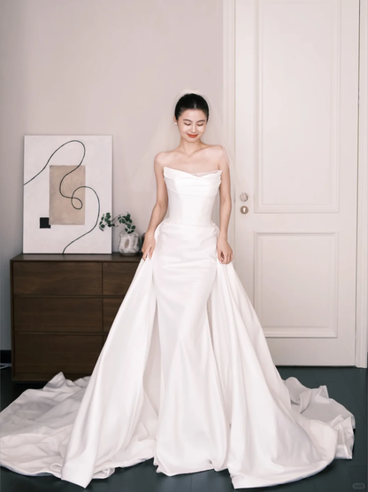 Detachable Train Mermaid Wedding Dress Strapless Satin Bridal Gown  NV7256