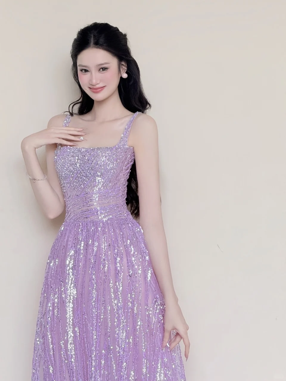 Lavender Square Neck Wide Strap Sequin A-Line Evening Gown  NV7426