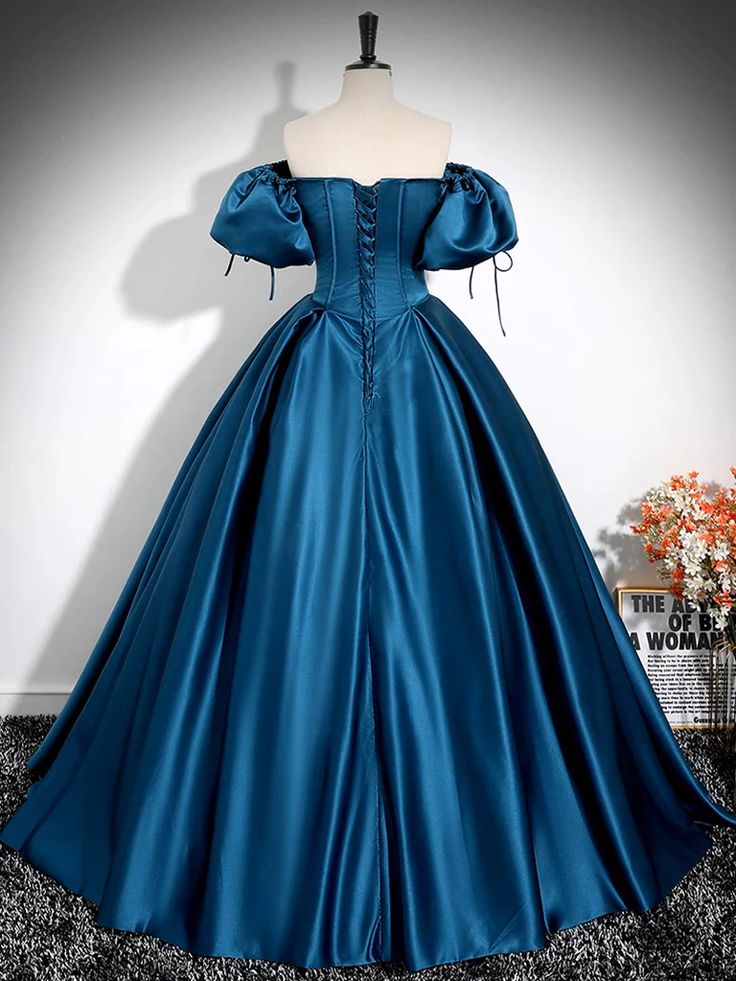 Peacock Blue A-line Puff Sleeve Satin Long Ball Gown Evening Dress nv2042
