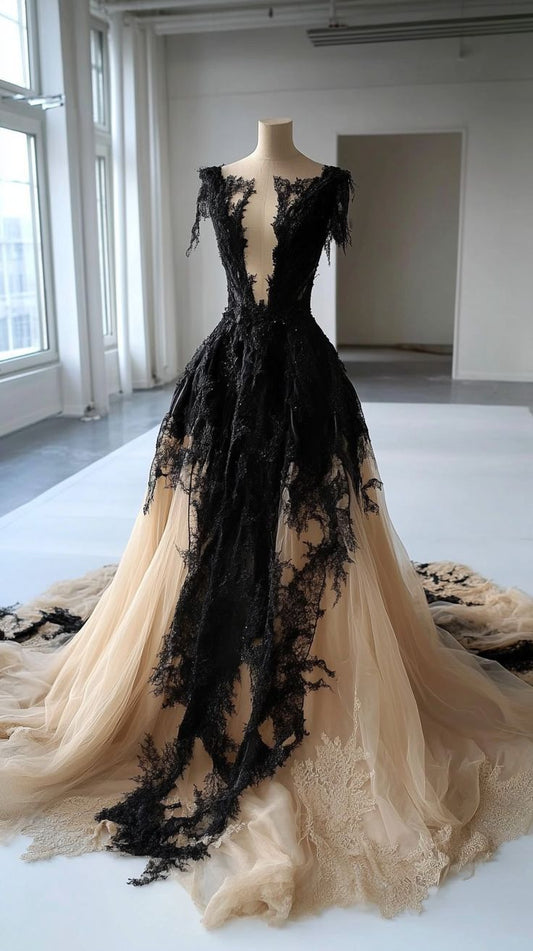 Robe de soirée vintage luxueuse à manches courtes, décolleté plongeant en V et traîne, en dentelle noire et tulle nude NV6258