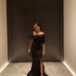 Black simple A-line slit skirt new style satin off-shoulder ladies formal pleated out long prom dress evening gown party dress nv2473