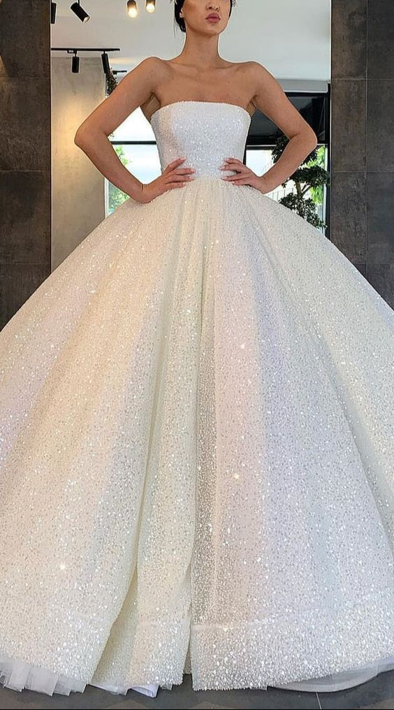 Glitter Strapless Ball Gown Wedding Dresses Sparkly Bridal Gown nv387