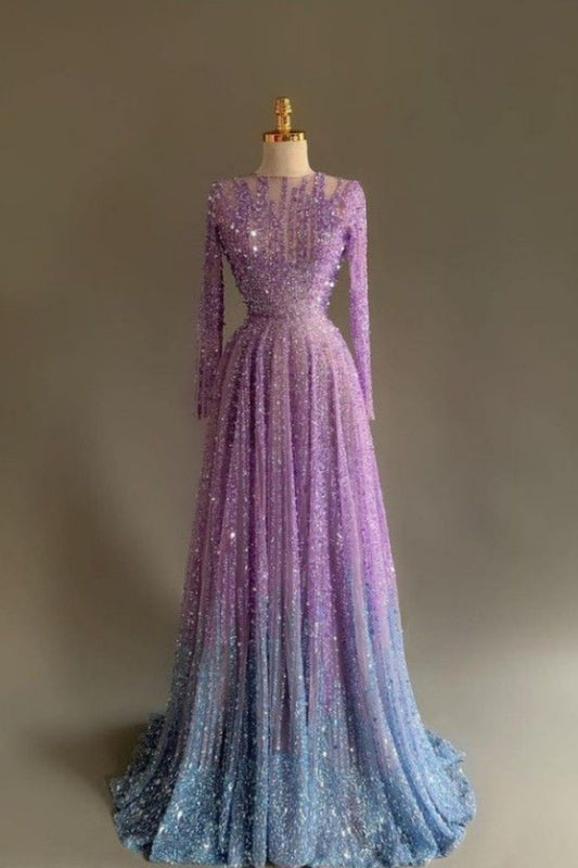 Robe de bal à manches longues en tulle perlé rose et violet luxueux et exquis NiceVestidos NV6127