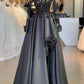 Dark Grey Vintage Lace Exquisite Beading Long Sleeve Long Satin Formal Prom Dress Evening Gown Party Dress nv3607