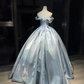 Ice Blue Satin Long Evening Gown Off The Shoulder Puffy Ball Gown with 3D Roses Prom Dress  NV7067