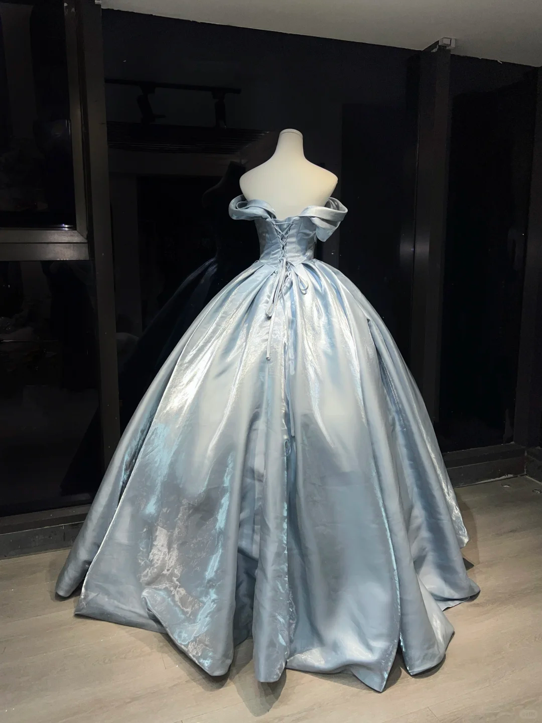 Ice Blue Satin Long Evening Gown Off The Shoulder Puffy Ball Gown with 3D Roses Prom Dress  NV7067