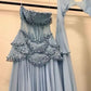Robe de mariée féérique de style cour, bleu clair, ornée de perles, manches transparentes et traîne - Thème océan NV6382