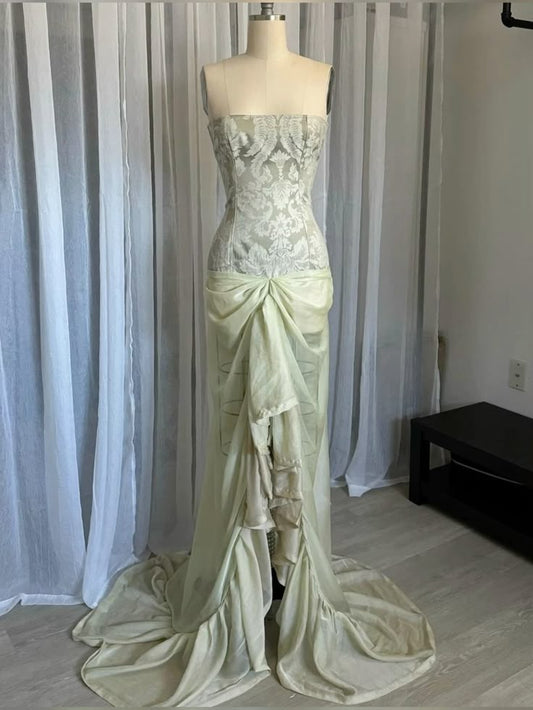 Green Fashion Elegant Exquisite Lace Ruffle Long Tulle Evening Gown Prom Dress Party Dress nv3760