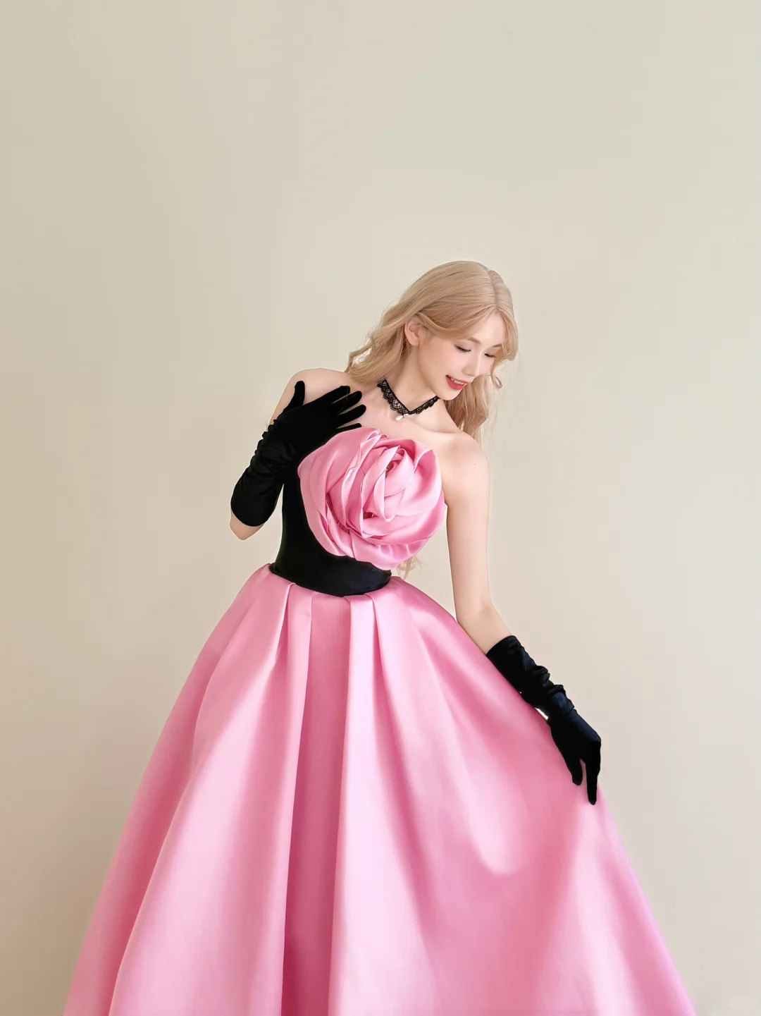 Black Pink Strapless Satin Ball Gown 3D Rose Prom Dress  NV7174