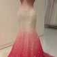 Pink Luxury Gorgeous Elegant Exquisite Rhinestone Beading Long Tulle Mermaid Slim Fishtail Skirt Ball Gown Evening Gown Party Dress Prom Dress nv3879