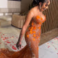 Orange Luxury Shiny Beading V-Neck Sexy Elegant Mermaid Slim Fit Long Floor Length Train Ball Gown Evening Dress Party Dress Sleeveless 17th Birthday Outfit nv1406