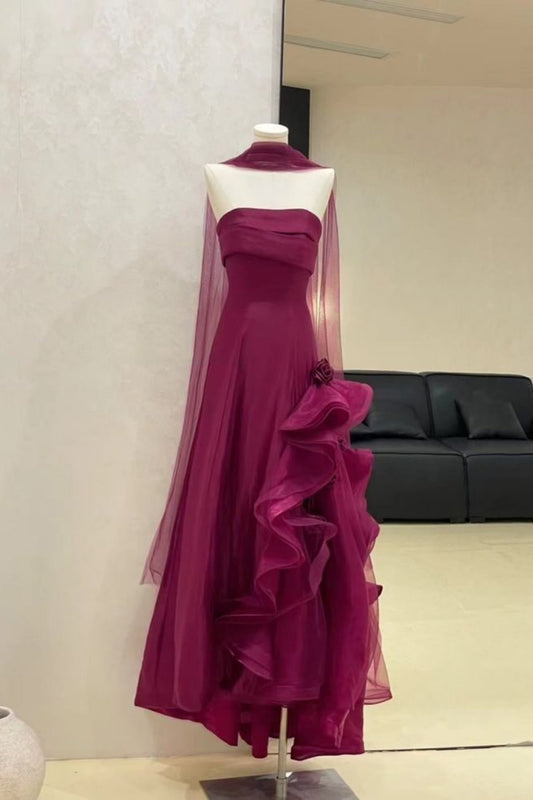 NiceVestidos-_Purple strapless long chiffon tulle dress NV5998