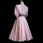 Dusty Pink Puff Short Sleeve Vintage Midi Dress Hand Beaded Floral Embroidery Flowy Chiffon A-Line Tea Length Gown  NV6893