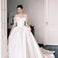 Off Shoulder Ivory Satin Wedding Gown, Tulle Sleeve Bow Corset Ballgown Bridal Dress  NV7391