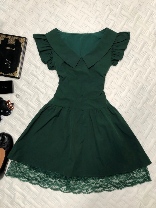 Dark Green Short Homecoming Dress Lapel V Neck Flutter Sleeve A-Line Lace Hem Vintage Cocktail Gown  NV6919