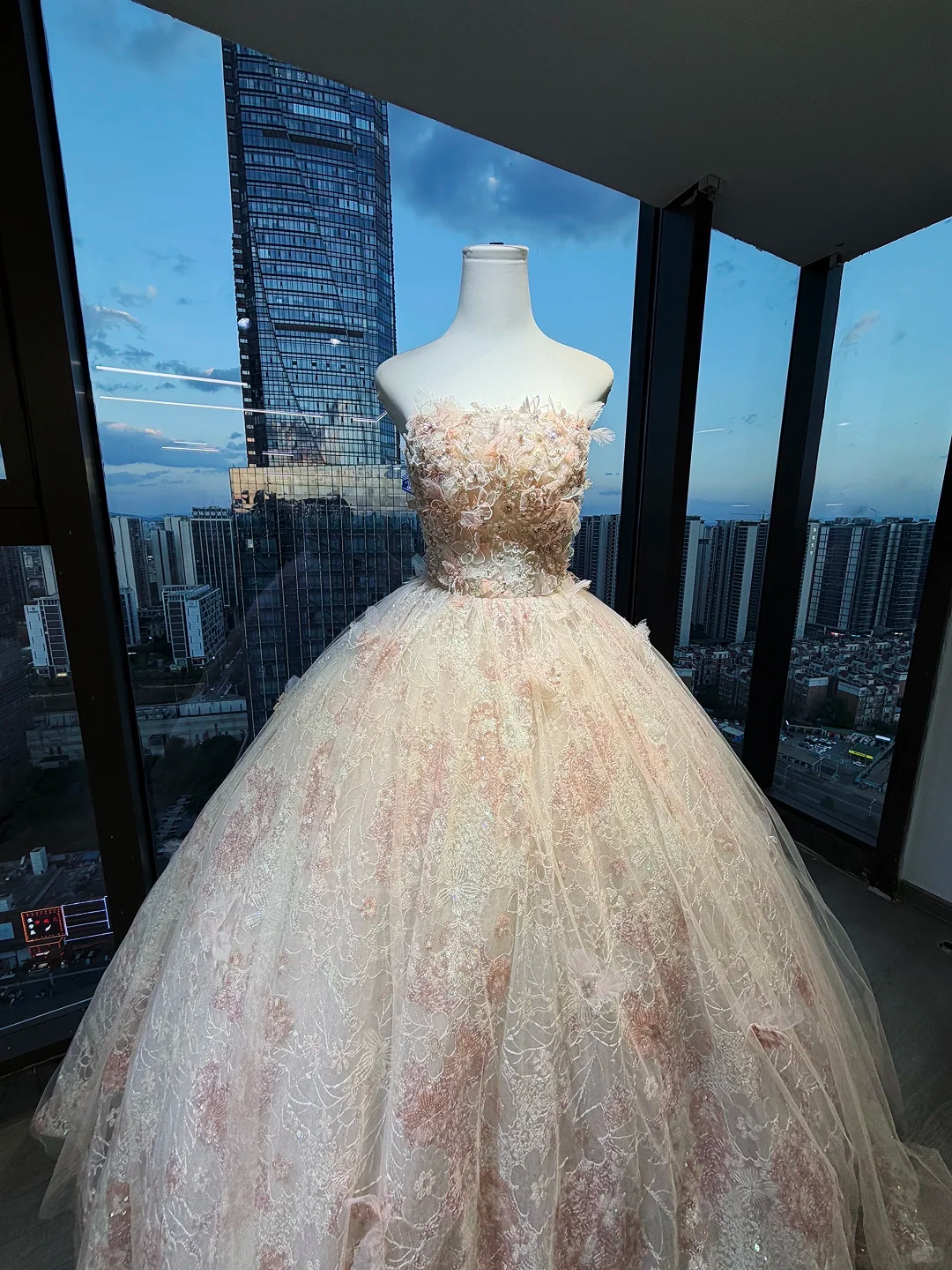 Strapless Champagne Blush Prom Dress 3D Flower Beaded Lace Tulle Princess Ball Gown  NV7056