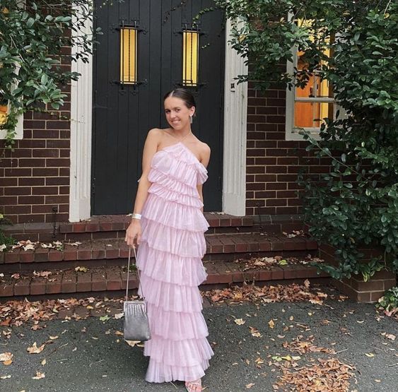 Pink sweet backless long tulle ball gown evening dress nv1353