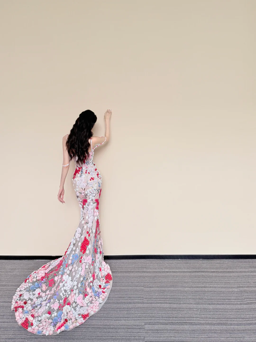 Spaghetti Strap 3D Colorful Flower Sheer Mermaid Prom Dress with Train  NV7425