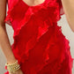 Red Stylish Elegant spaghetti strap Long Chiffon Ruffle Ball Gown Holiday Birthday Party Dress Evening Dress Prom Dress nv3955