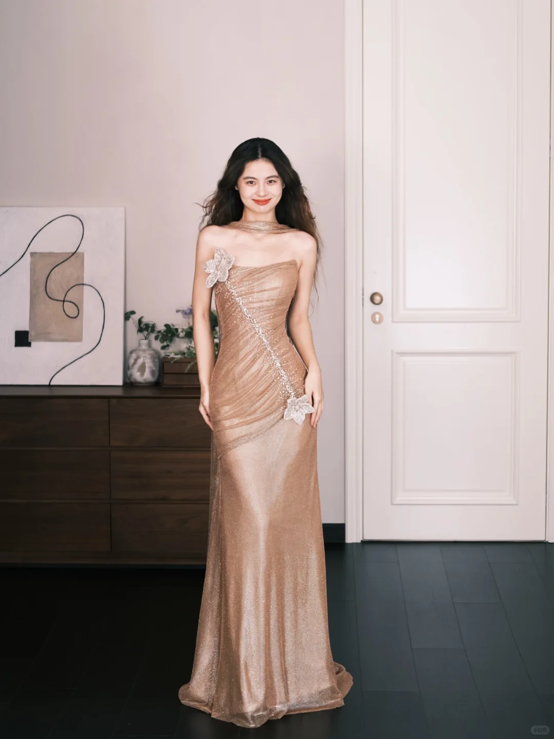 Strapless Champagne Glitter Mermaid Prom Dress with 3D Beaded Flowers  NV7341