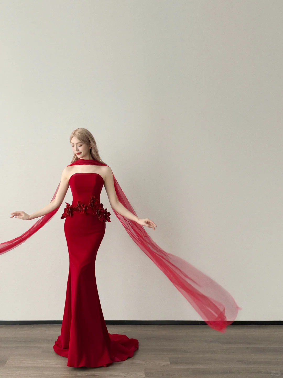 Red Strapless Mermaid Evening Dress With 3D Flowers & Tulle Scarf  NV7137