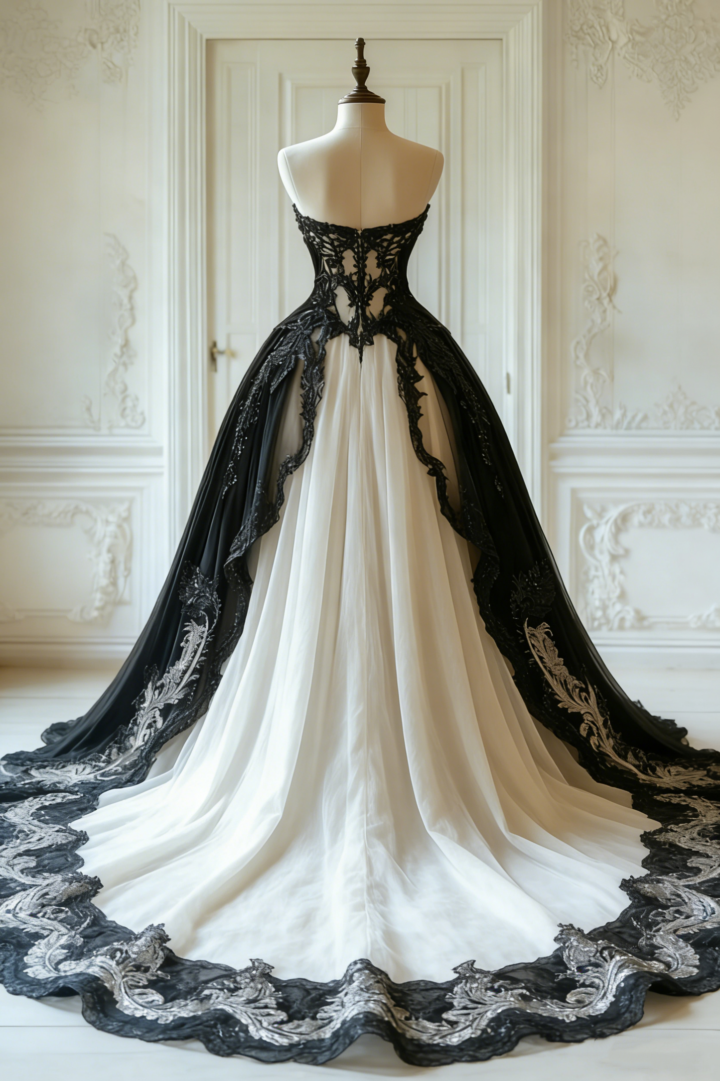 Robe gothique longue en tulle et dentelle noire et blanche à empiècements et manches papillon, modèle NV6172