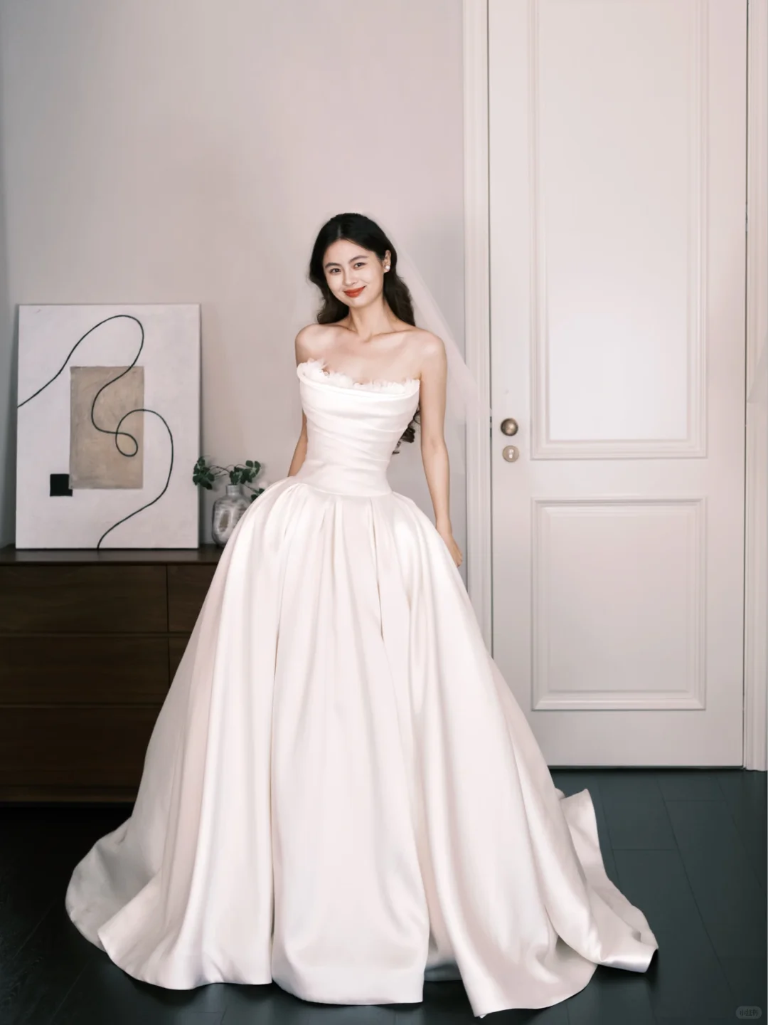 Strapless Feather Trim Satin Ballgown Wedding Dress  NV7295