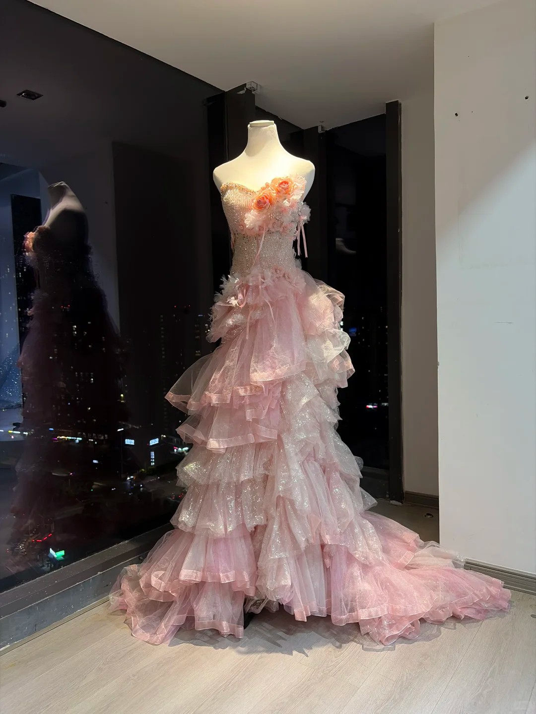 Pink Strapless Mermaid Dress 3D Floral Tiered Glitter Tulle Long Train Fairy Prom Gown  NV6936