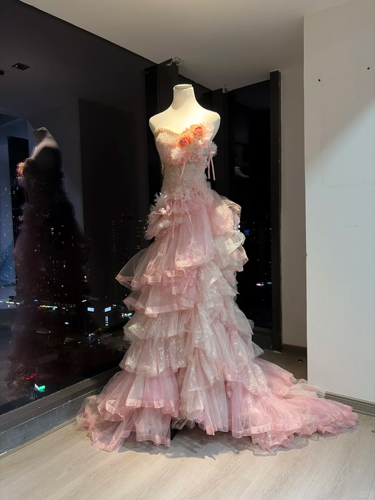 Pink Strapless Mermaid Dress 3D Floral Tiered Glitter Tulle Long Train Fairy Prom Gown  NV6936