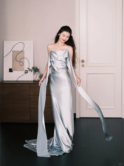 Light Ice Blue Spaghetti Strap Satin Mermaid Prom Dress Cowl Neck Evening Gown  NV7206