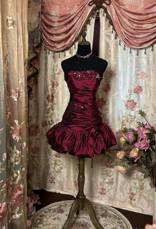 Red vintage exquisite Beads gorgeous floral short  satin prom dress homecoming dress evening dress party dress nv3312
