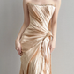 Champagne Gold Satin Mermaid Prom Gown Strapless Ruched Sweep Train  NV7166
