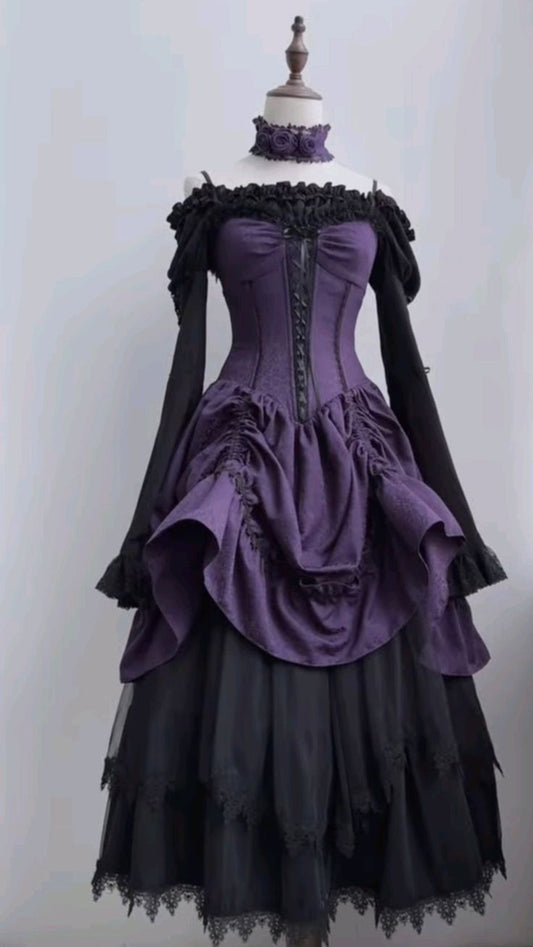 Robe Gothic Lolita à manches princesse contrastées violet et noir, taille baleinée, NV6225