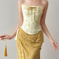 New Chinese Two Piece Mermaid Evening Dress Strapless Jacquard Gown  NV7115