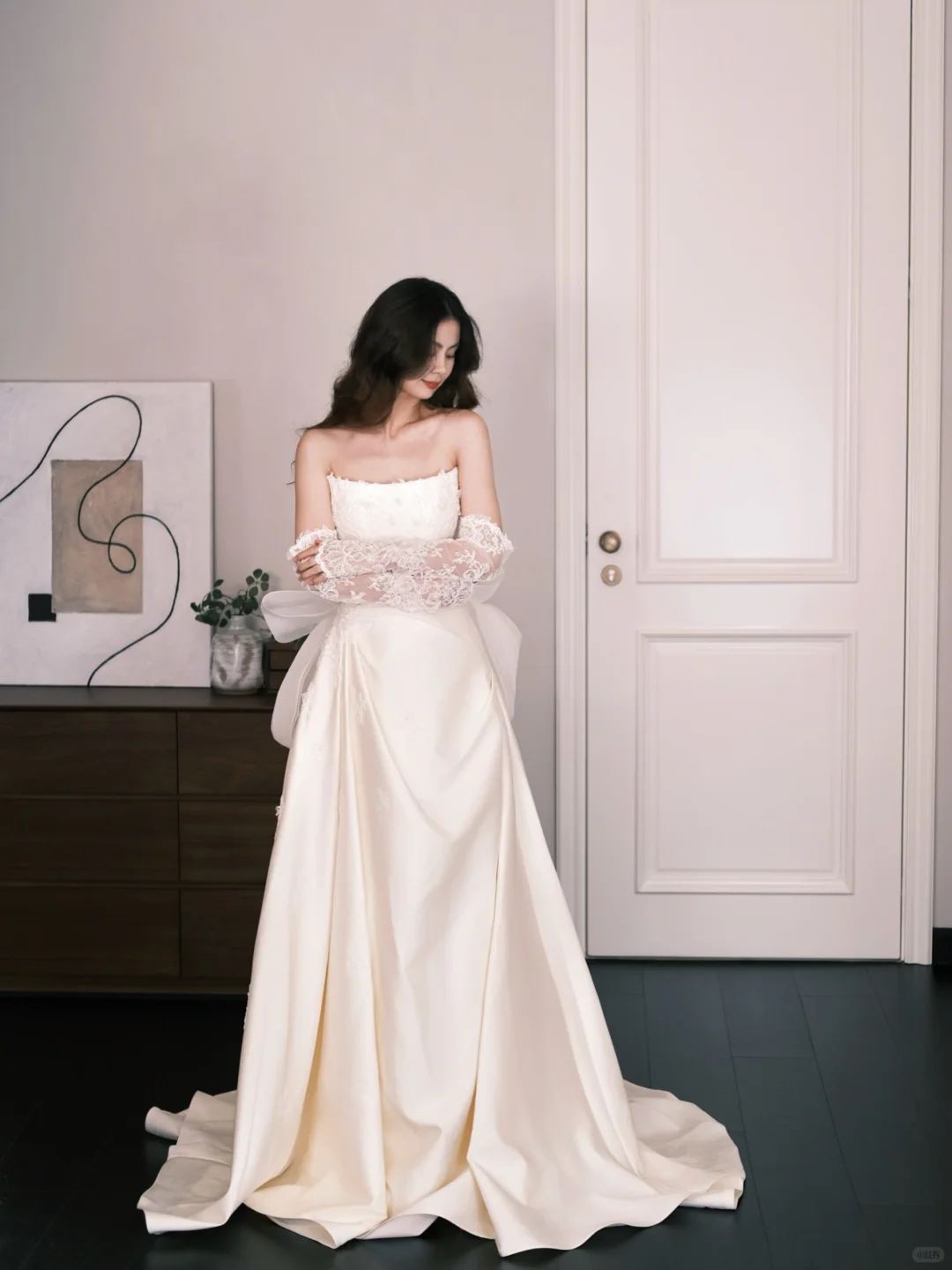 Off The Shoulder Satin Wedding Dress with Lace & Bow  NV7313