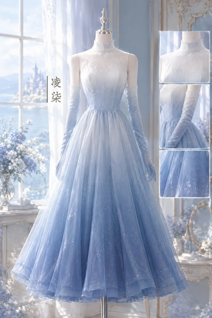 Ombre Blue High Neck Sparkly Tulle Prom Dress, Midi A-Line Gown with Long Sheer Gloves  NV7442