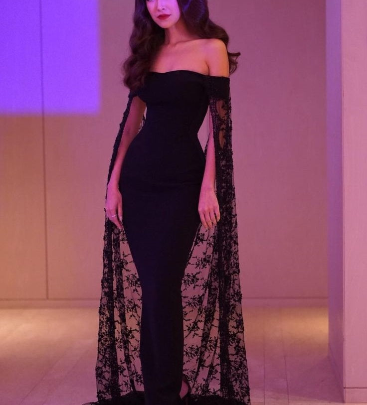 Black noble and elegant mermaid slim lace cape elegant long floor-length trailing ball gown evening dress party dress nv1914