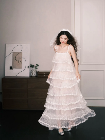 Spaghetti Strap Tiered Beaded Tulle Wedding Dress with Floral Trim  NV7380