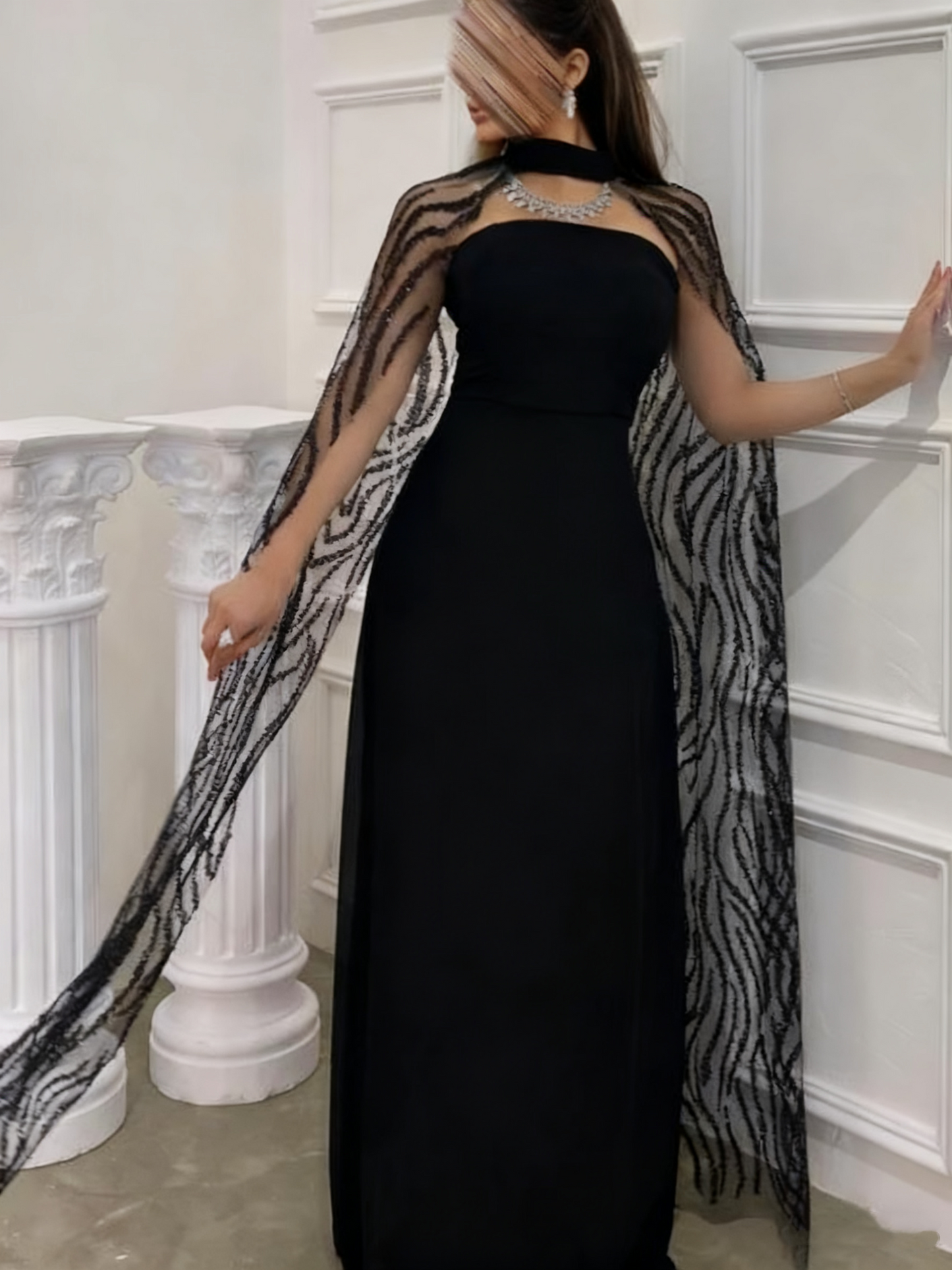 Robe de soirée longue noire glamour avec châle, NV2518