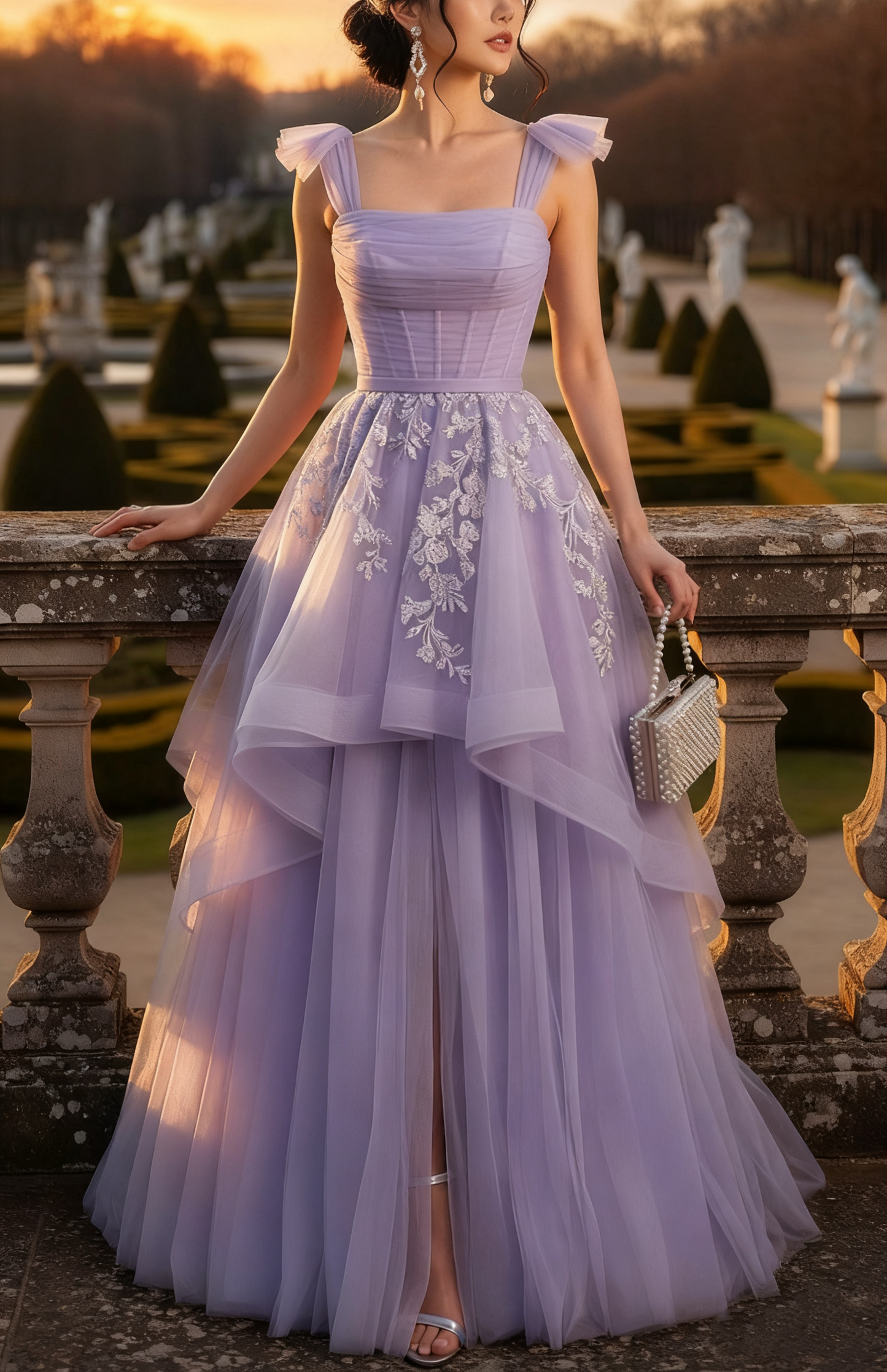 Robe longue à bretelles spaghetti et col carré, style féérique français | Robe longue fendue en tulle lavande brodé, idéale pour une fête de fiançailles en extérieur (jardin) NV6286