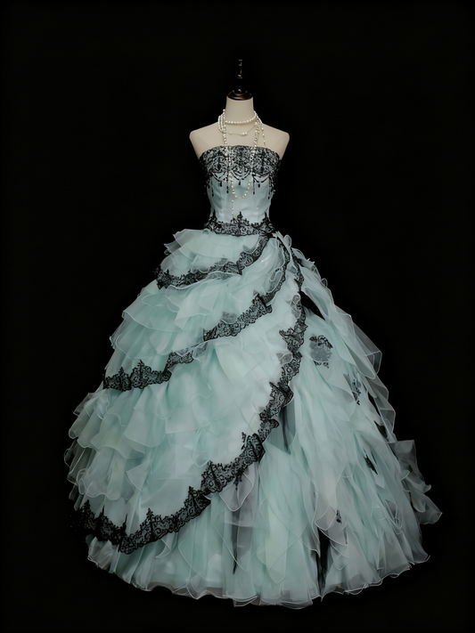 Robe de cour vintage longue sans manches, à empiècements de dentelle noire et vert menthe, NiceVestidos NV6205