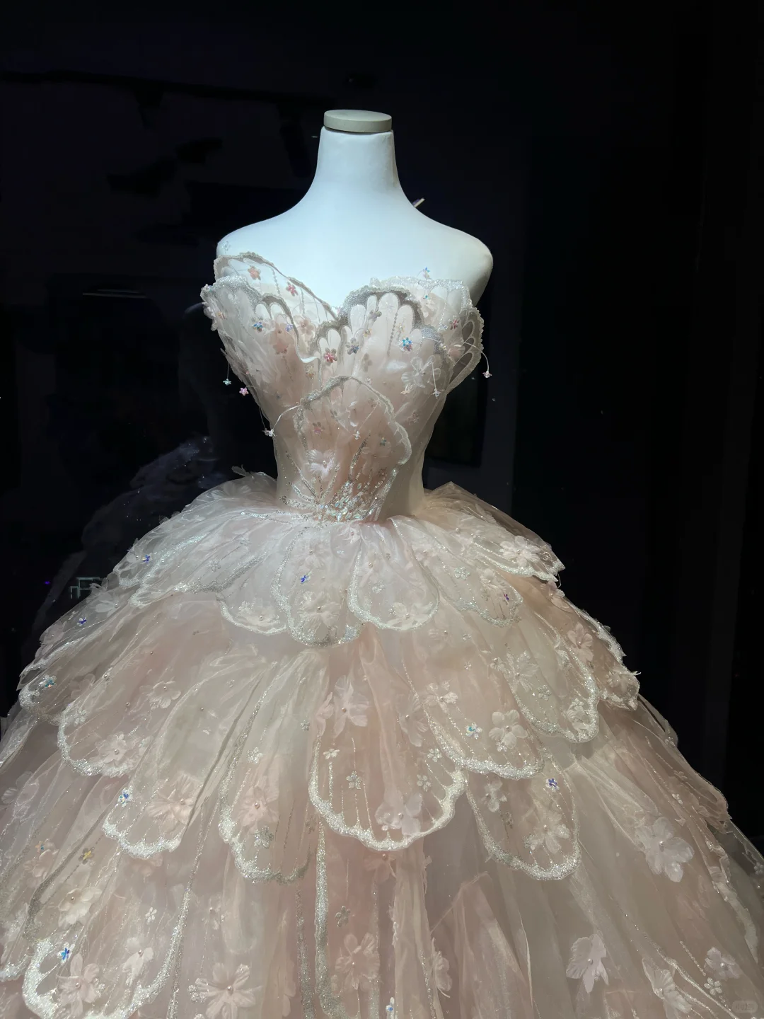 Light Pink Layered Petal Tulle Long Evening Gown Strapless 3D Floral Puffy Ball Gown Prom Dress  NV7079