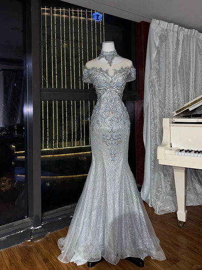 High Neck Silver Glitter Mermaid Prom Dress, Rhinestone Beaded Off Shoulder Evening Gown  NV7101