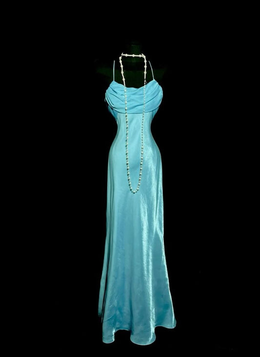 Blue fashionable and elegant long satin floor-length slit sexy ball gown evening dress birthday party dress prom dress nv3948