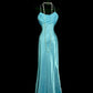 Blue fashionable and elegant long satin floor-length slit sexy ball gown evening dress birthday party dress prom dress nv3948